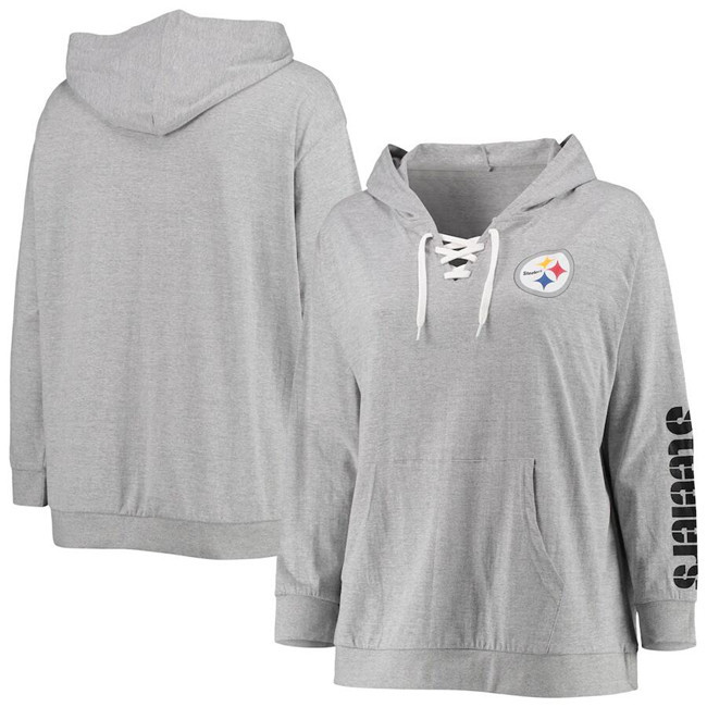 Women's Pittsburgh Steelers Heathered Gray Lace-Up Pullover Hoodie